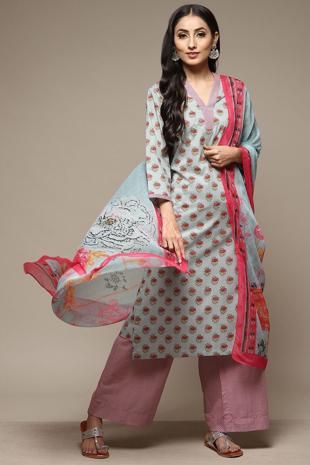 Sky Blue Cotton Straight Kurta Palazzo Suit Set image number 3