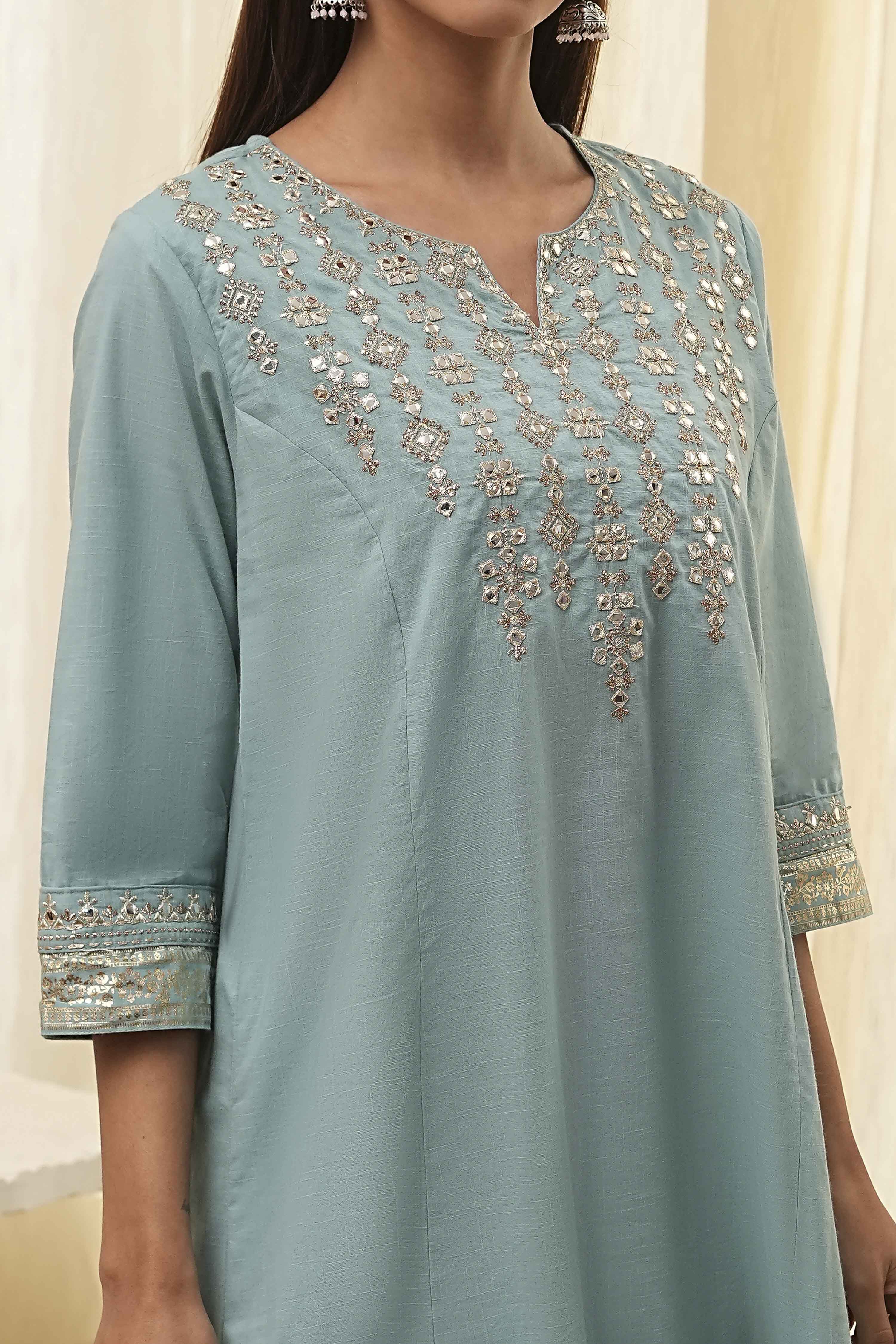 Dull Blue Cotton Embroidered Kalidar Suit Set image number 1