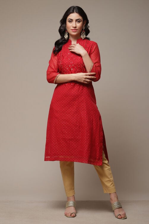 Red Art Silk Straight Printed Kurta image number 1