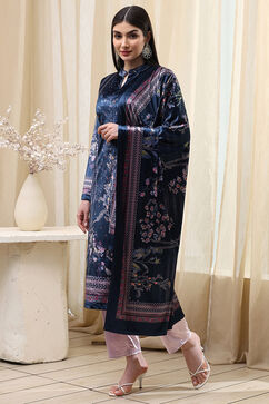 Petrol Blue Polyester Straight Printed Kurta Slim Pant Suit Set image number 3