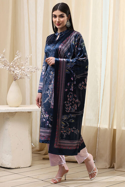 Petrol Blue Polyester Straight Printed Kurta Slim Pant Suit Set image number 3