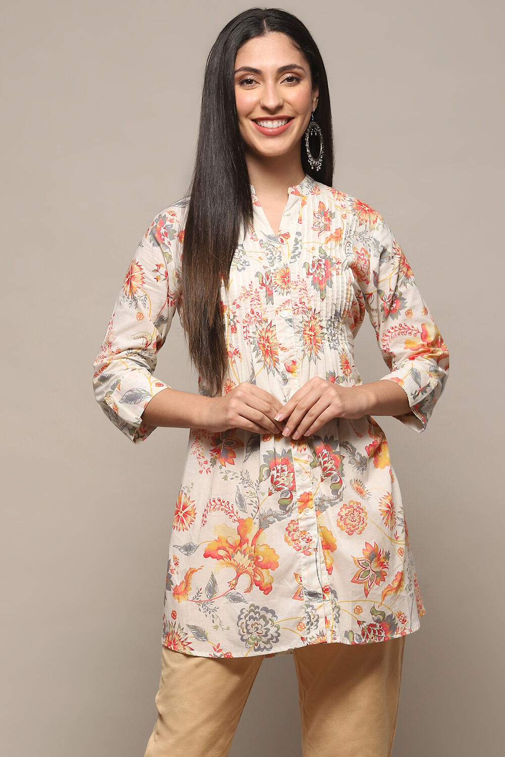 Off White Cotton Straight Kurti image number 5