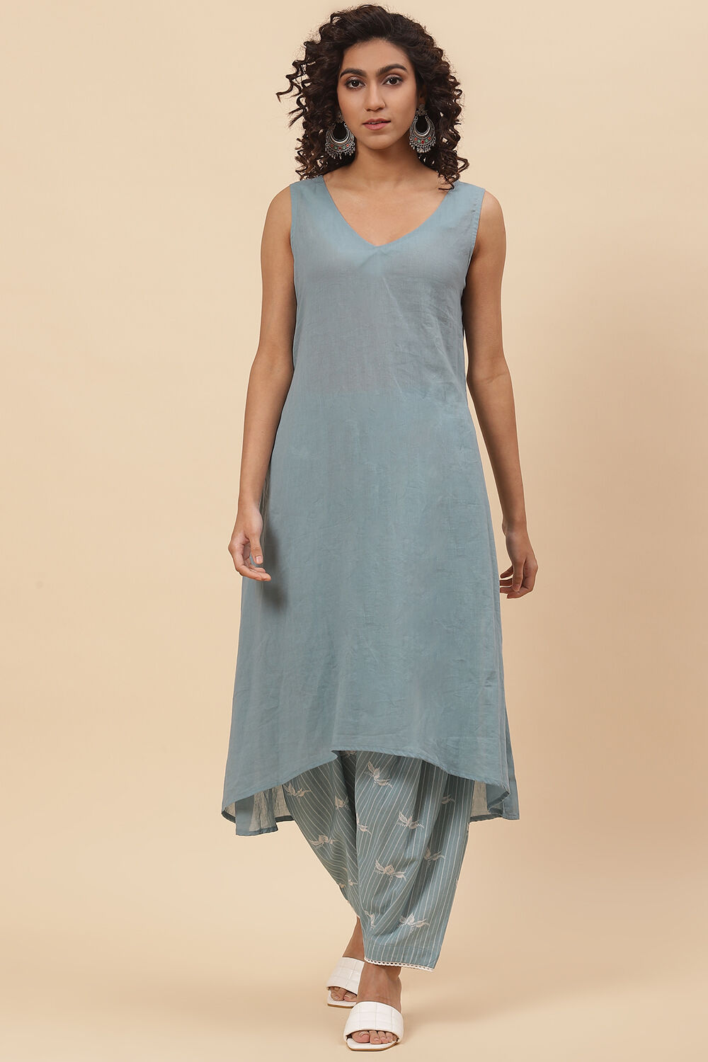 Steel Blue Cotton A-Line Kurta Cross Yoke Salwar Suit Set image number 3