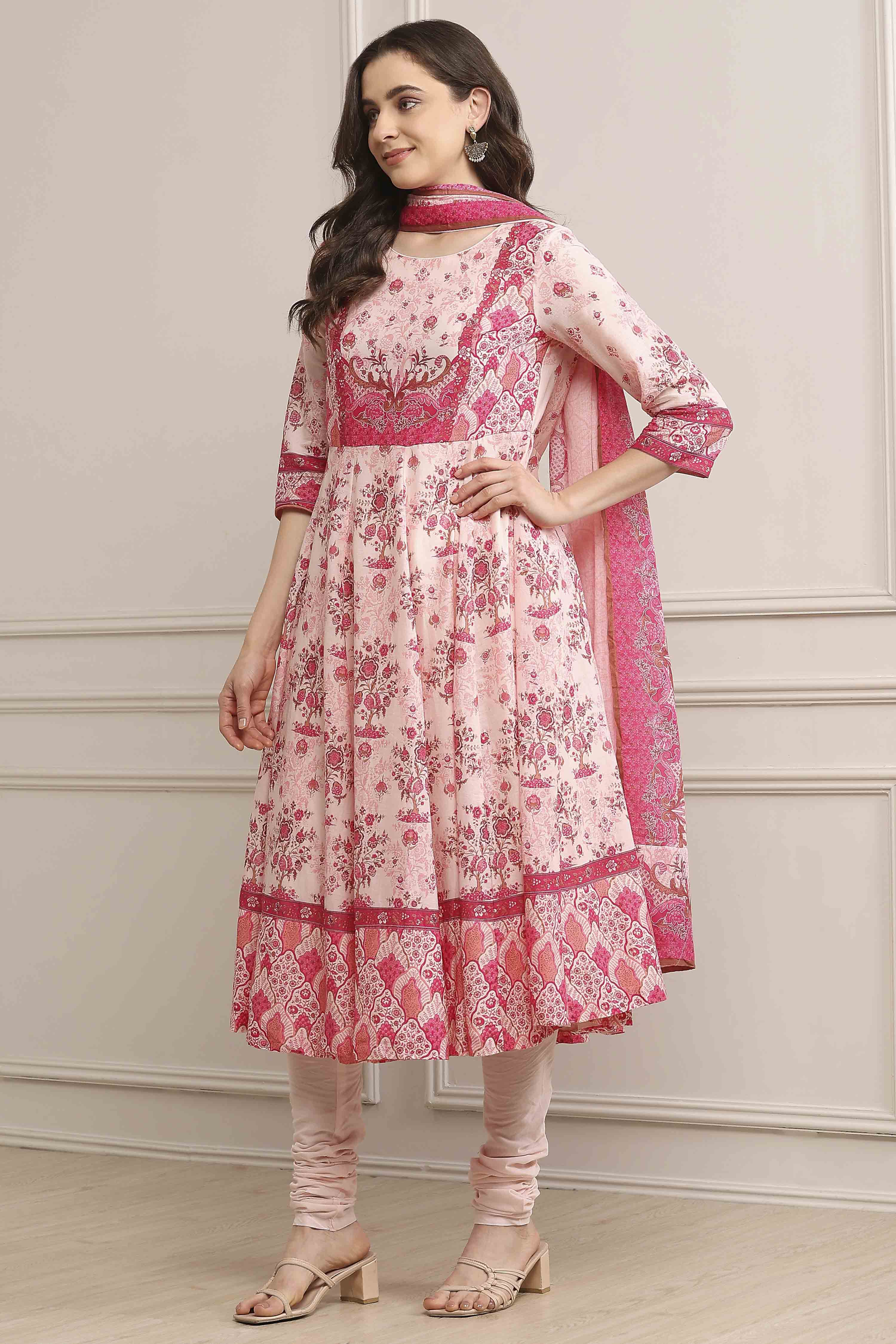 Light Pink Cotton Printed Anarkali Suit Set image number 3