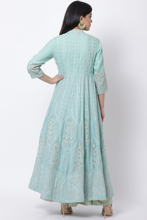 Mint Green Cotton Anarkali Kurta Lehenga Suit Set image number 4