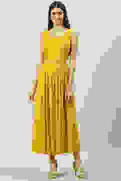 Mustard Art Silk Flared with Cape Dress image number 3