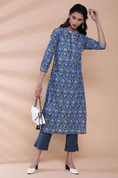 Blue Cotton A-Line Printed Kurta image number 4