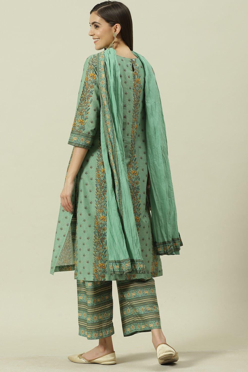 Sage Green Cotton Straight Kurta Palazzo Suit Set image number 4