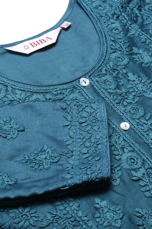 Teal Cotton Silk Straight Kurta Pant Suit Set image number 1