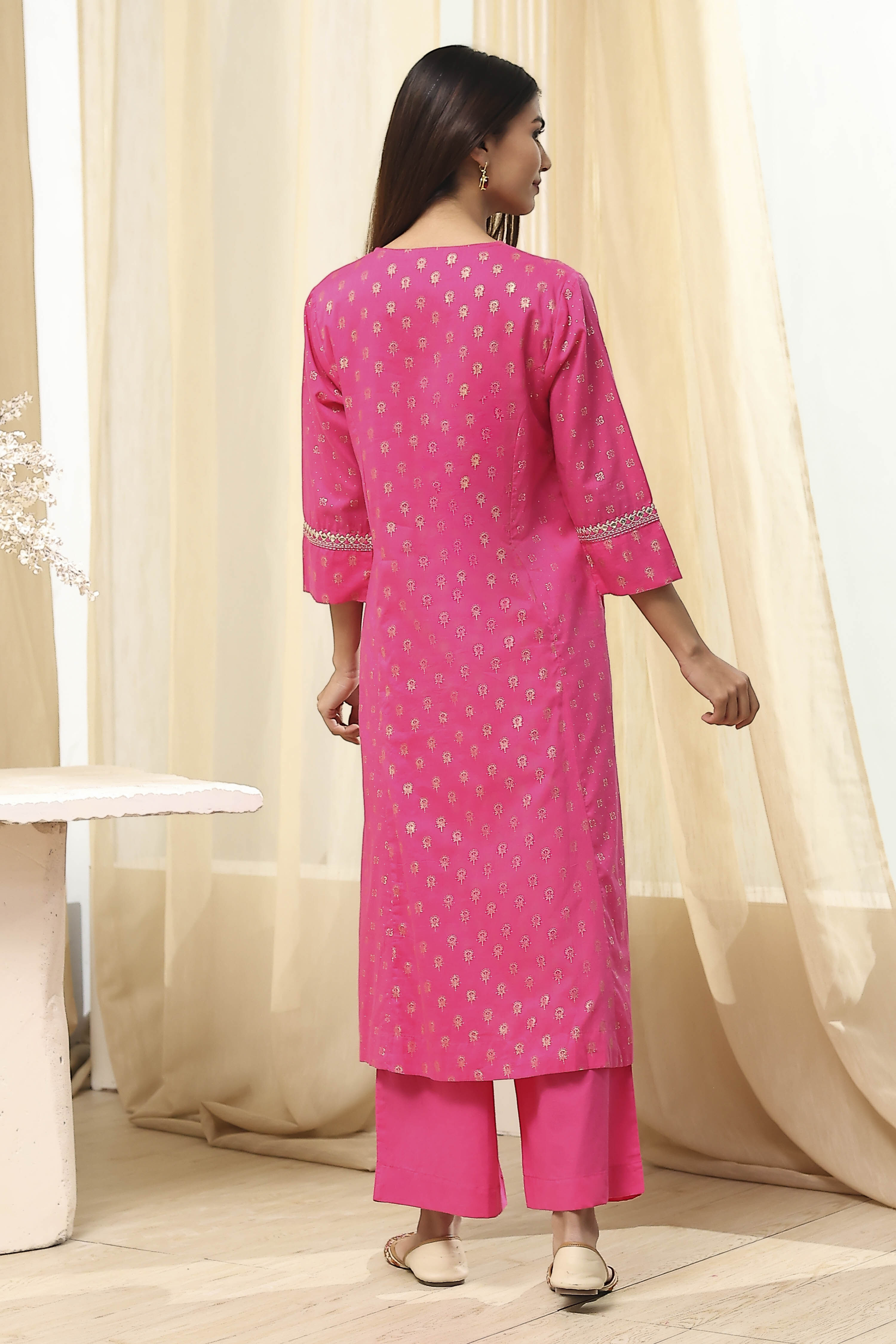 Fuchsia Cotton Printed Gathered Suit Set image number 4