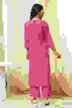 Fuchsia Cotton Printed Gathered Suit Set image number 4