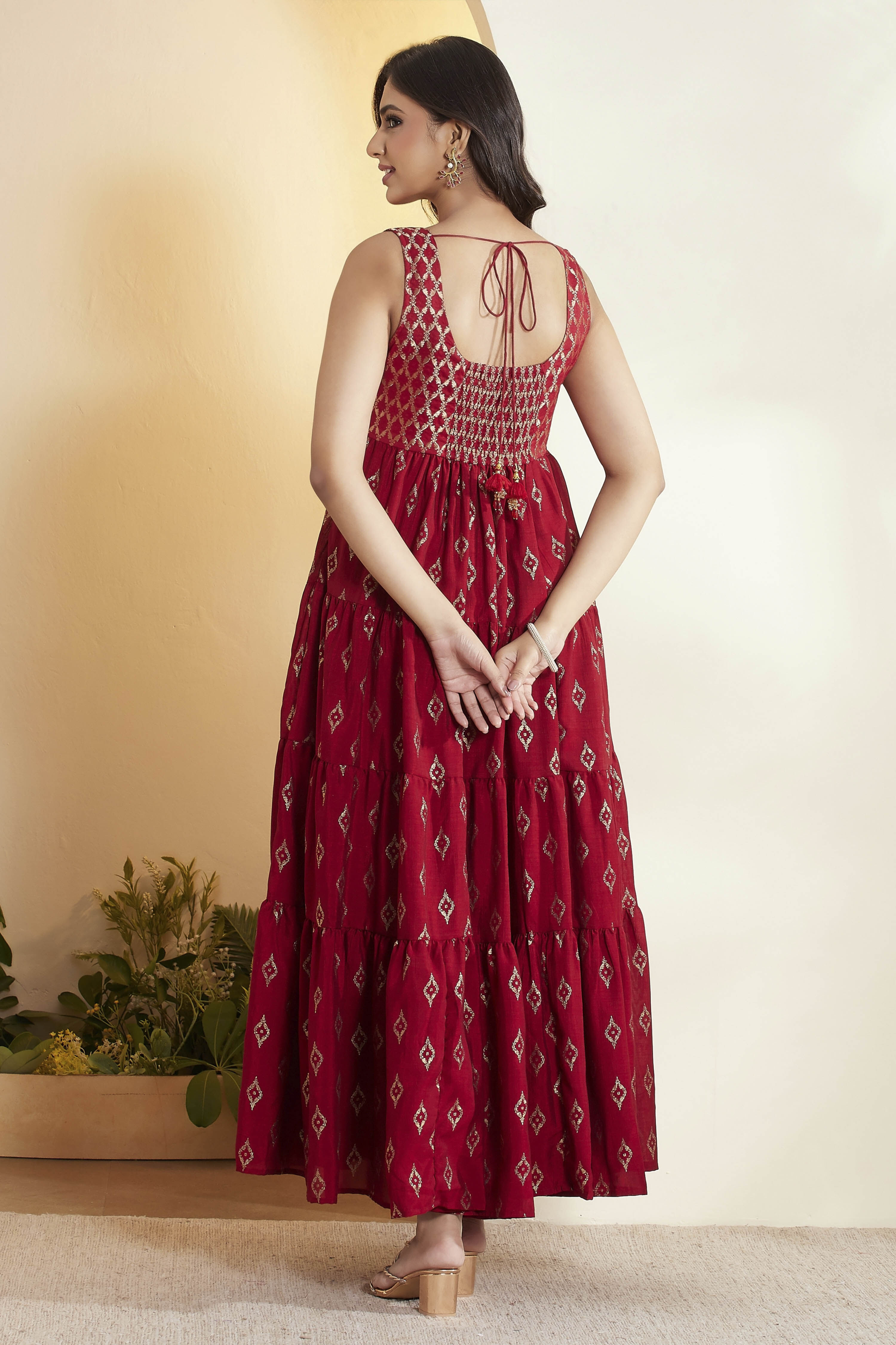 Red Printed Tiered Maxi Dress image number 5