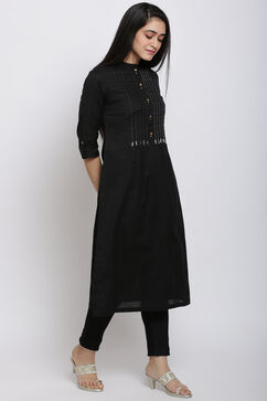 Black Cotton Flax Straight Kurta image number 4