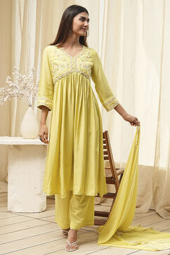 Lime Modal Blend Embroidered Gathered Suit Set image number 0