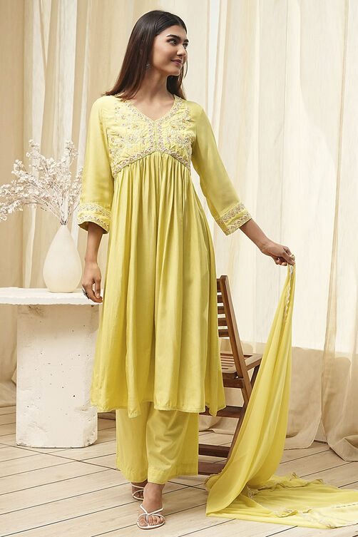Lime Modal Blend Embroidered Gathered Suit Set image number 0