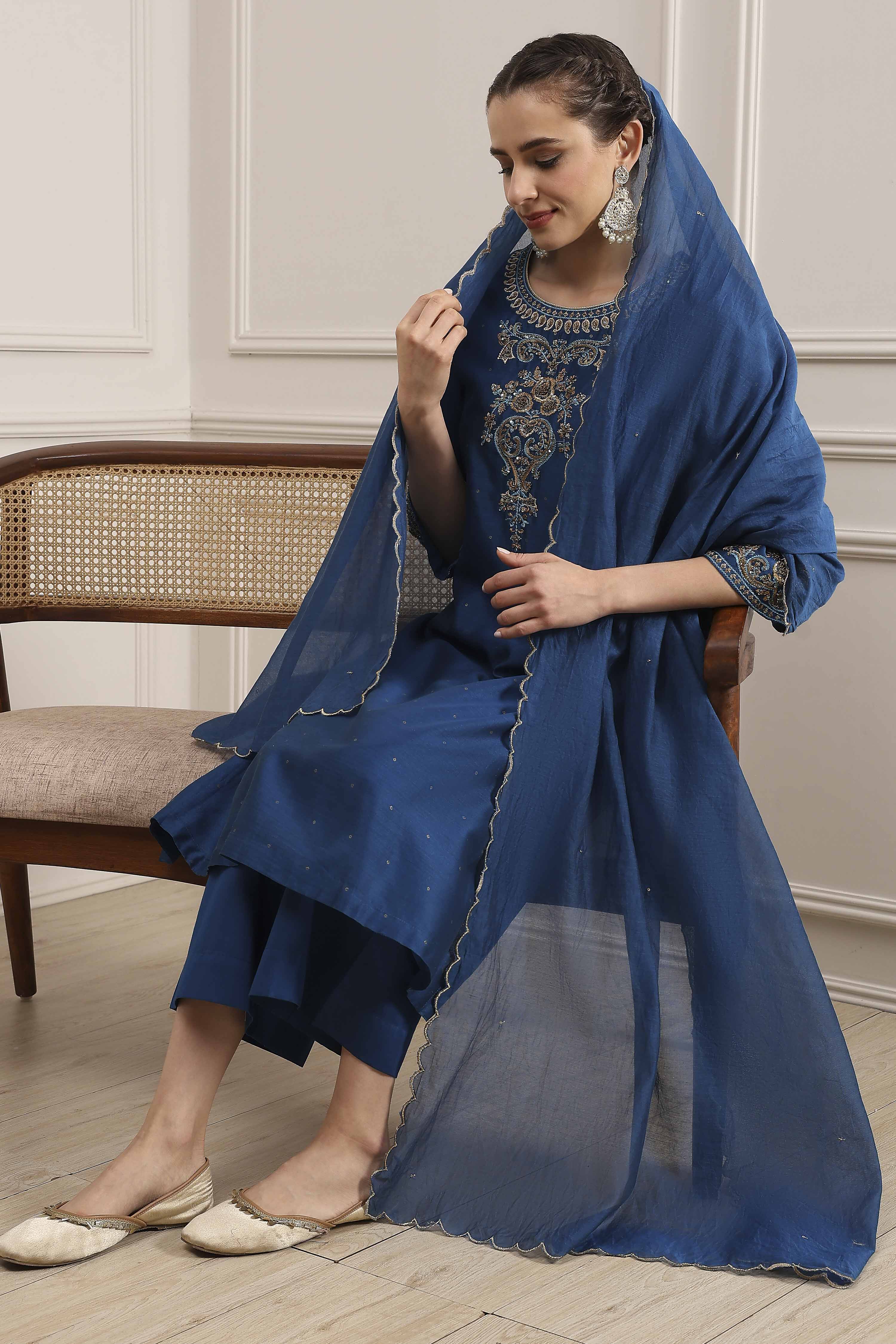 Blue Chanderi Embroidered Straight Suit Set image number 0
