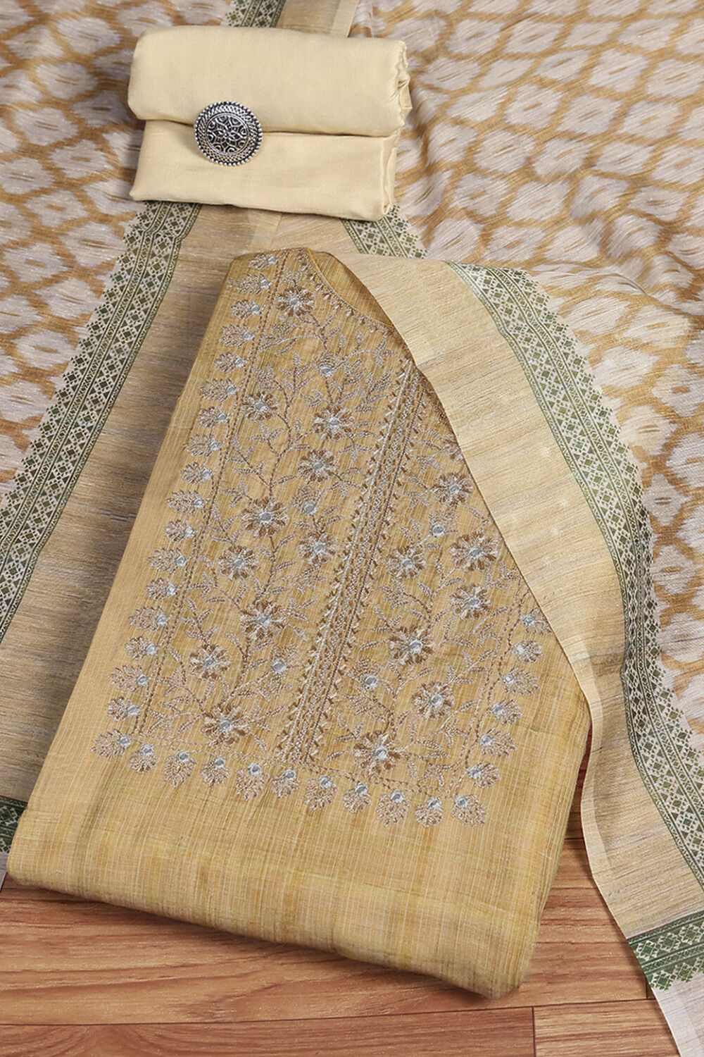 Beige Cotton Machine-Embroidered Unstitched Suit Set image number 0