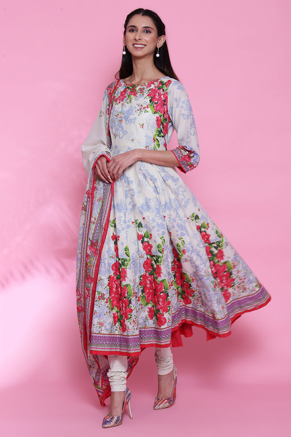 Cream Cotton Anarkali Kurta Churidar Suit Set image number 2