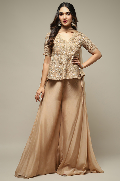 Beige Cotton Silk A-Line Embroidered Kurta Sharara Suit Set image number 7