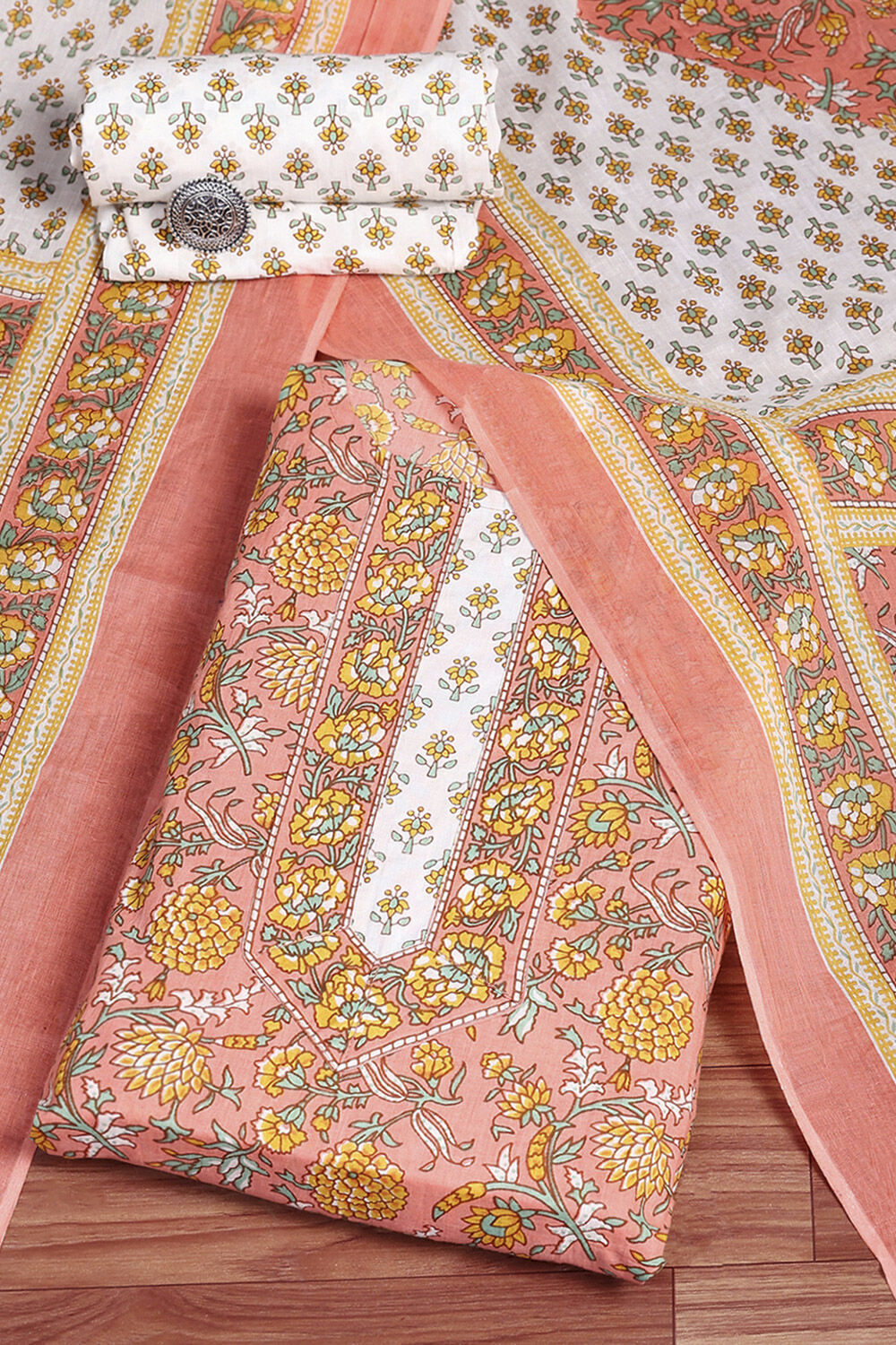 Peach and White Cotton Screen Print Unstitched Suit Set image number 0
