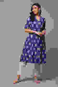 Blue Cotton Straight Yarndyed Dress image number 1