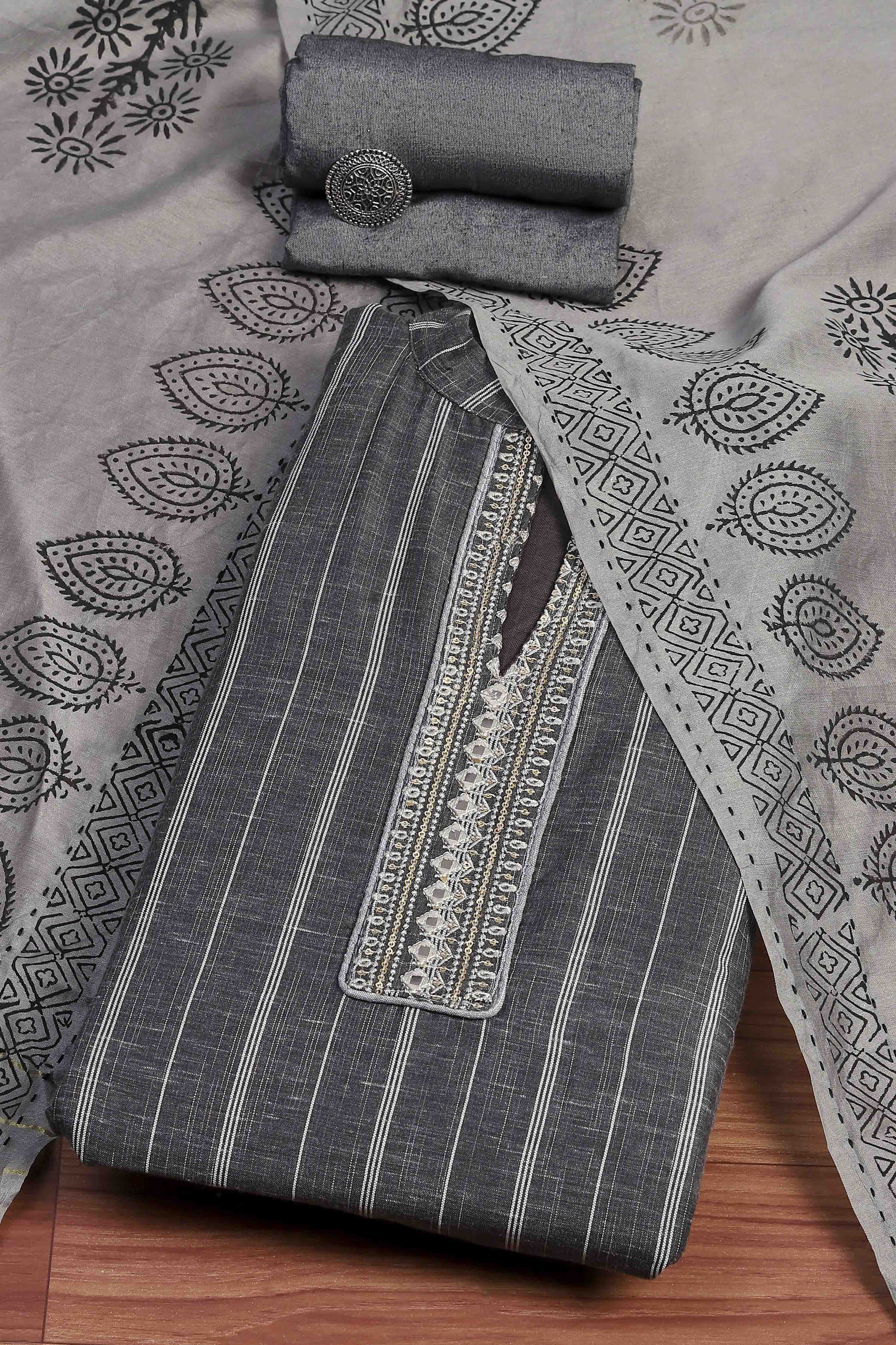 Grey Cotton Blend Woven Unstitched Suit Set image number 0