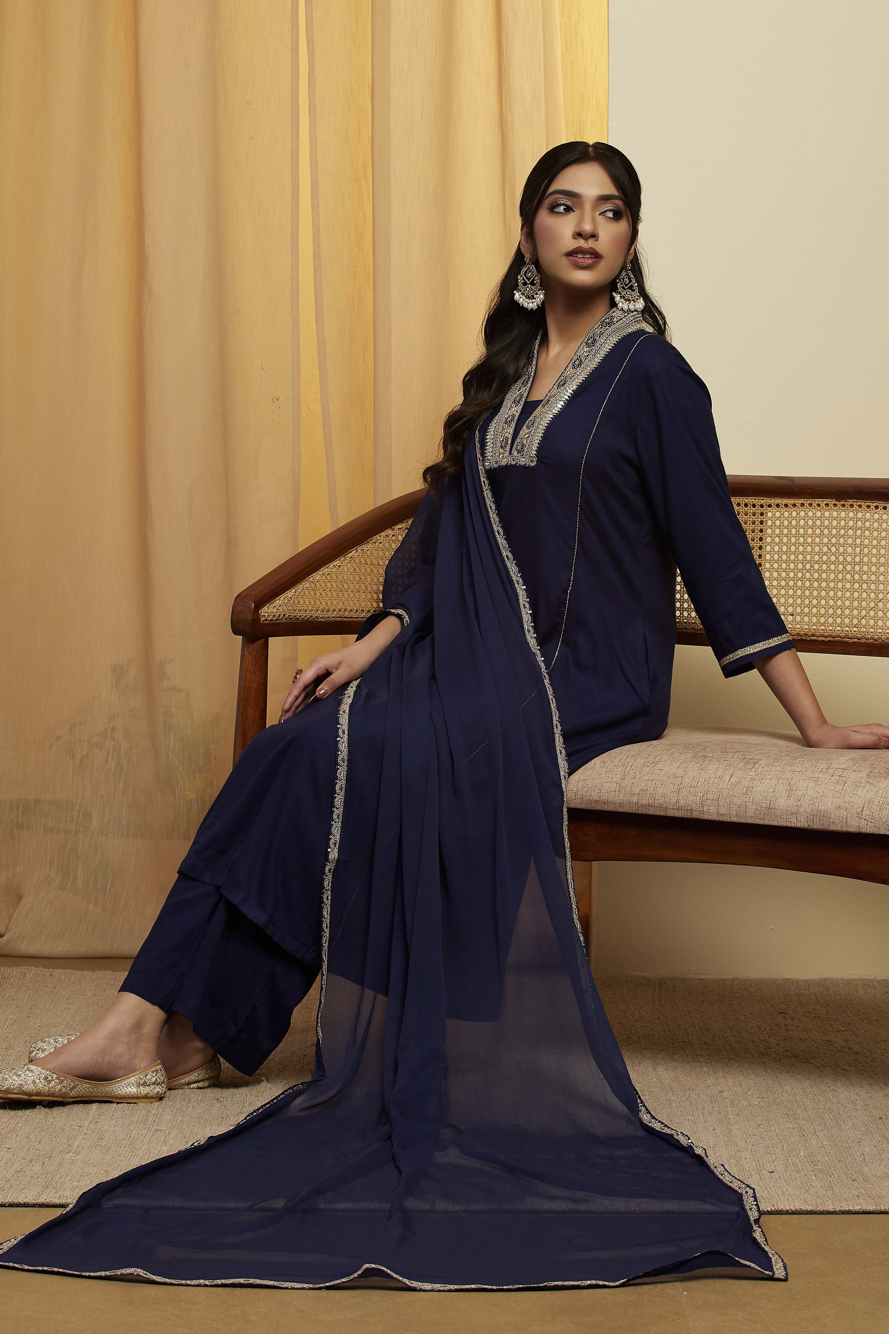 Navy Blue Viscose Rayon Yoke Design Straight Kurta Set image number 0