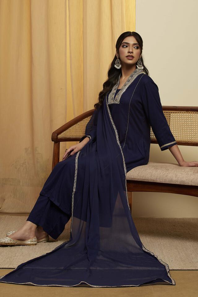 BIBA Viscose Solid Semi-Formal Straight Kurta With Palazzo And Dupatta in Blue