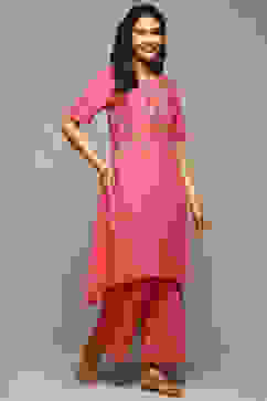 Pink Rayon Asymmetric Kurta Palazzo Suit Set image number 5