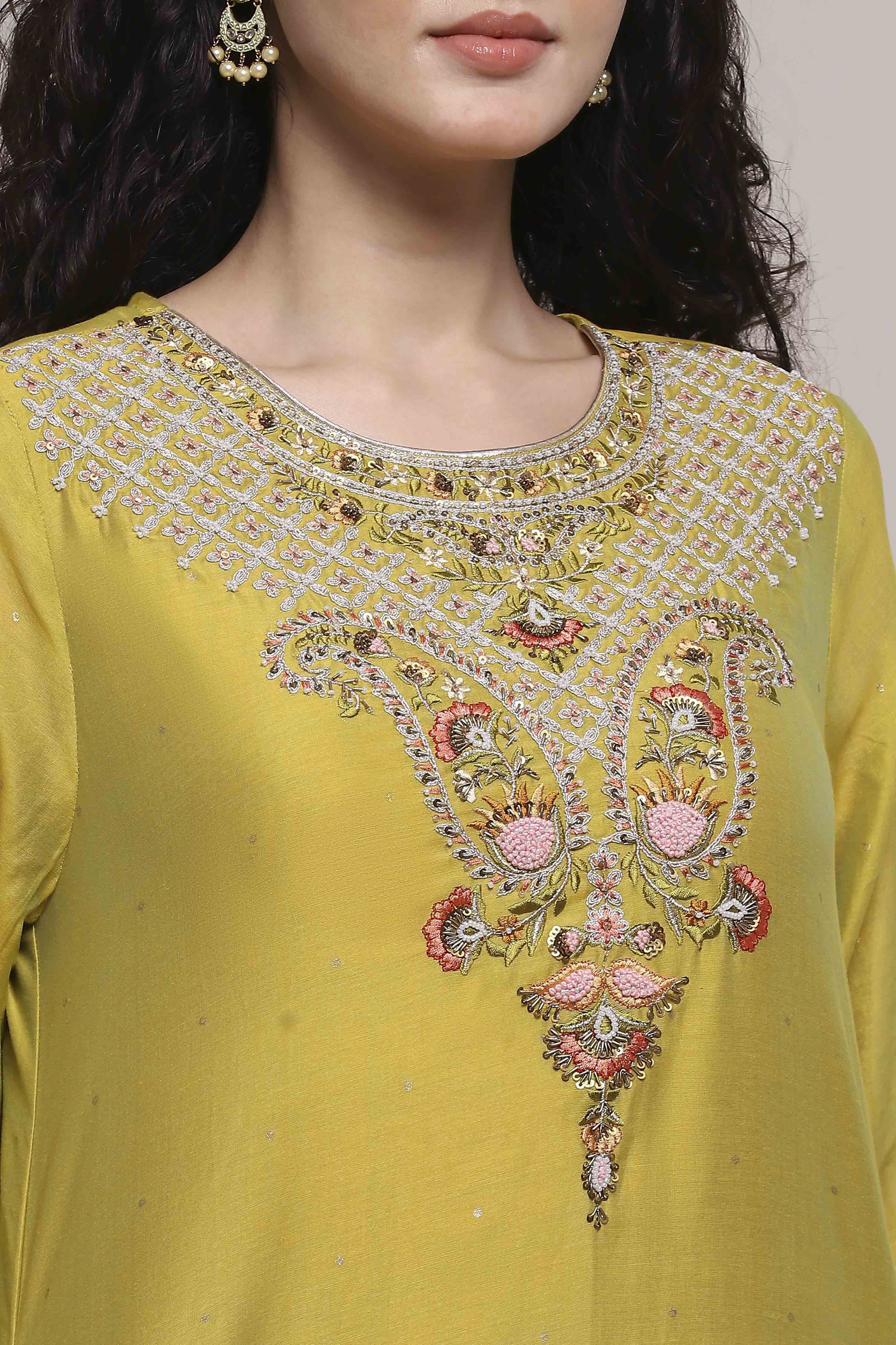 Lime Green Silk Chanderi Embroidered Dyed Straight Suit Set image number 1