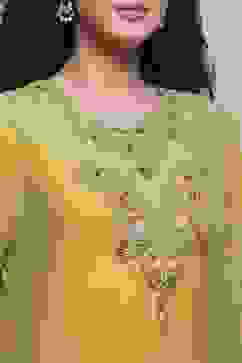 Lime Green Silk Chanderi Embroidered Dyed Straight Suit Set image number 1