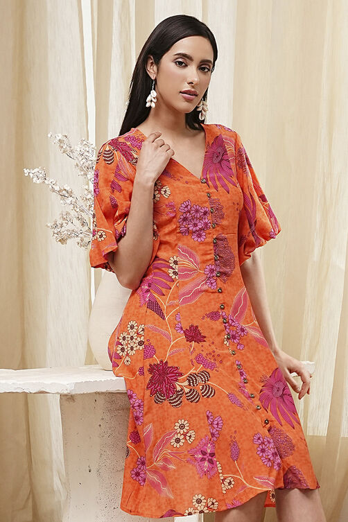 Orange Floral Printed Flared Dress image number 5
