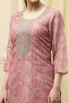 Pink Chanderi Machine Embroidered Unstitched Suit Set image number 2