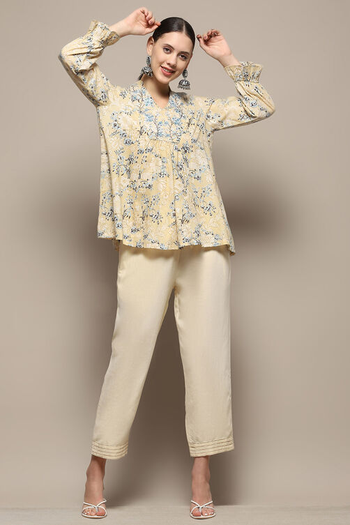 Beige Cotton Floral Printed A-Line Kurti image number 0