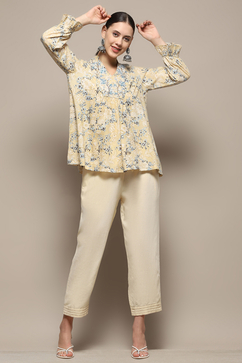 Beige Cotton Floral Printed A-Line Kurti