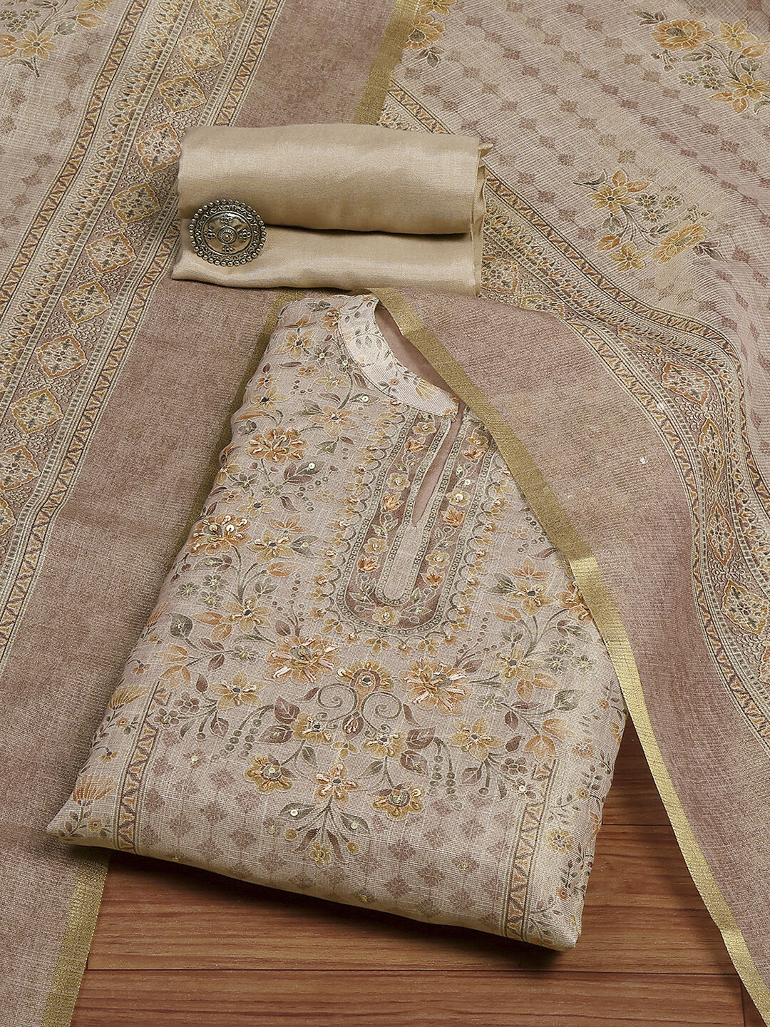 Gray Tissue Printed Unstitched Suit Set