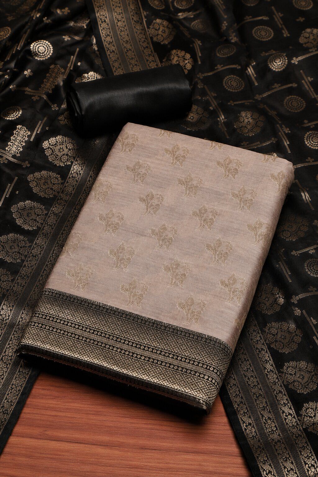 Grey Cotton Printed Embroidered Unstitched Suit Set image number 1