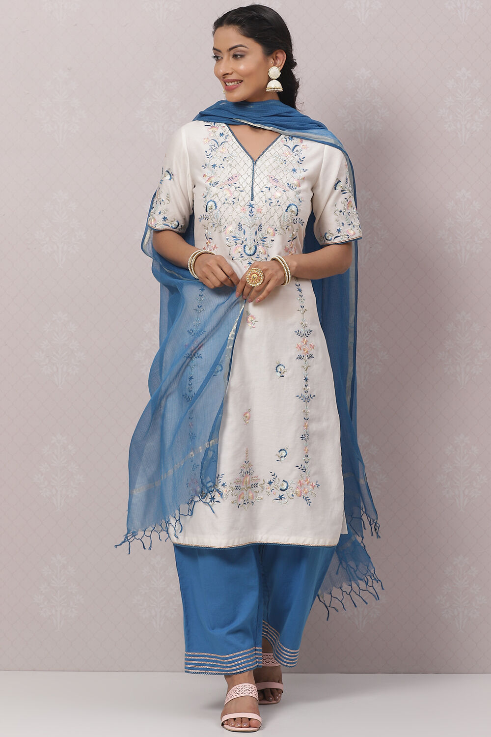 White Cotton Art Silk Straight Kurta Palazzo Suit Set image number 0
