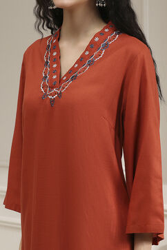 Orange Viscose Straight Solid Suit Set image number 1