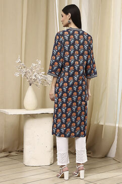 Blue Cotton Printed Straight Kurta image number 3