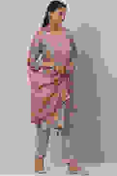 Grey Cotton Straight Kurta Pant Suit Set image number 6