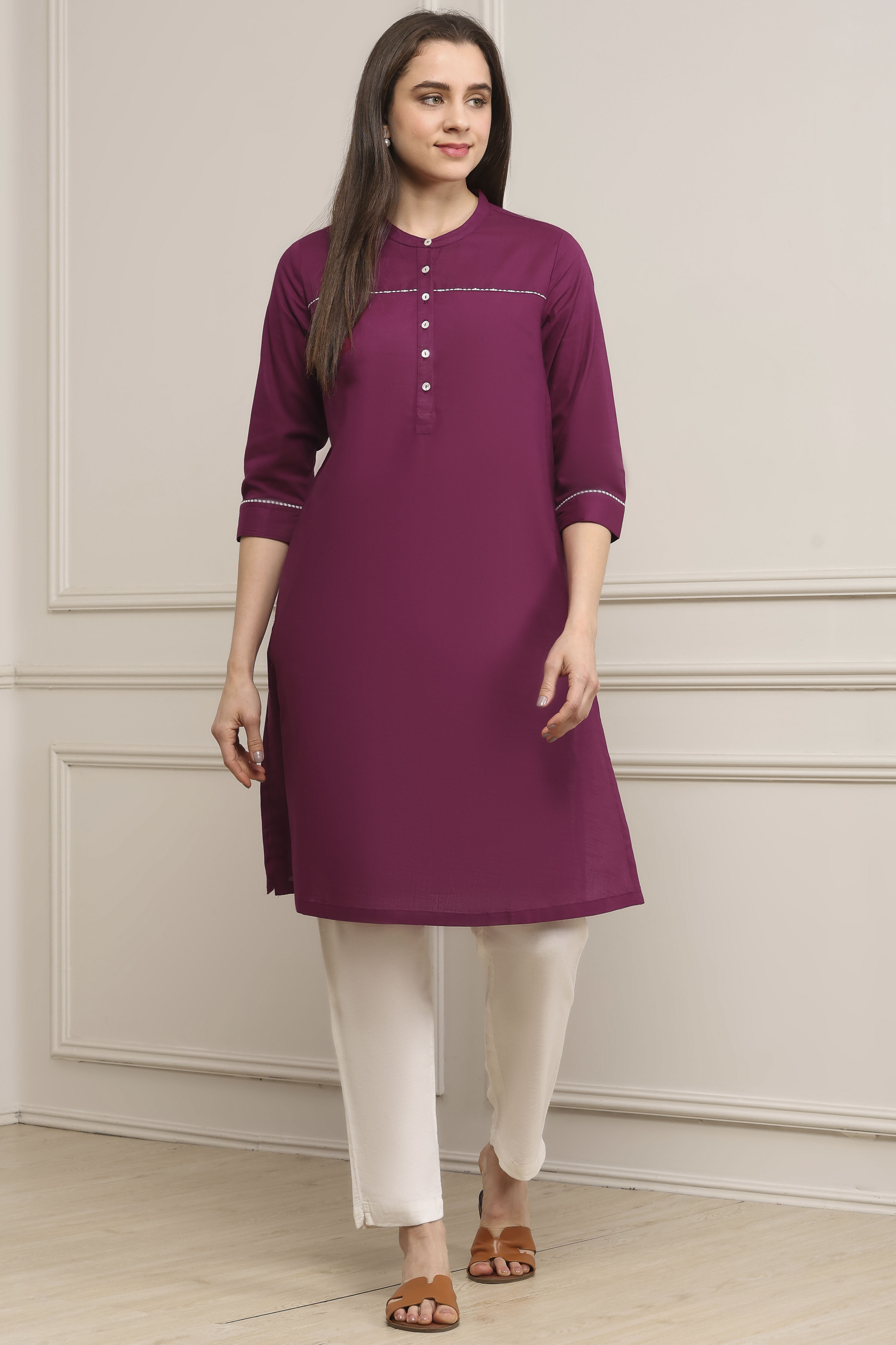 Wine Cotton Solid Straight Kurta image number 5