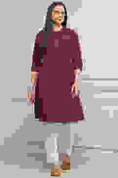 Wine Cotton Solid Straight Kurta image number 5