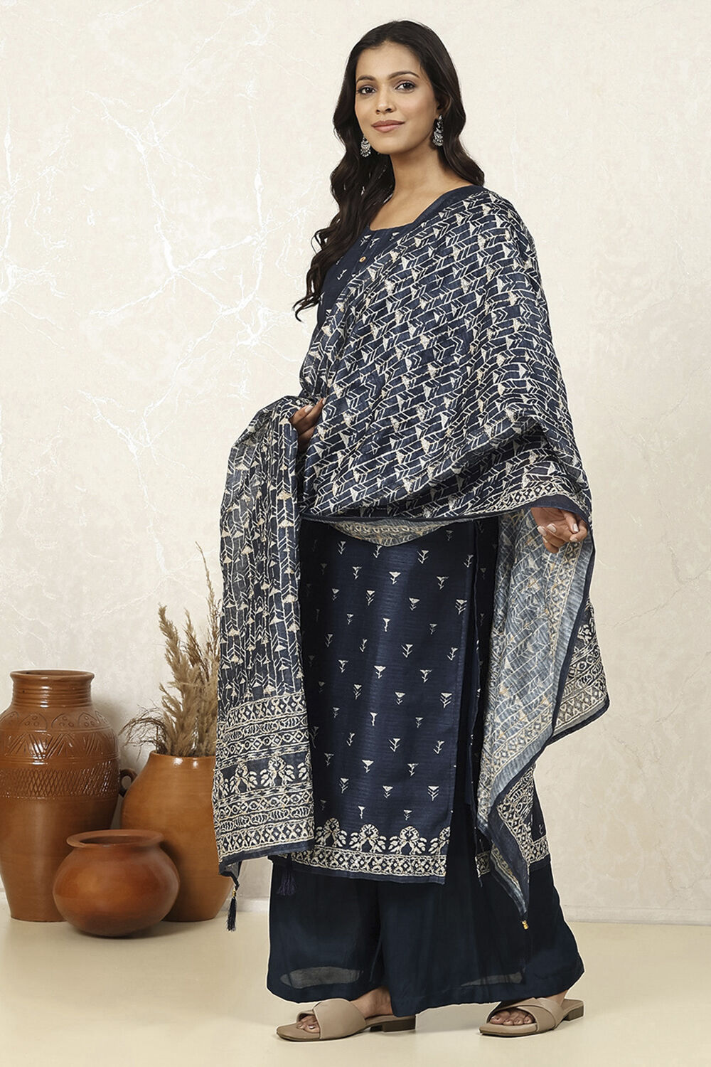 Indigo Silk Blend Printed  Embroidered Unstitched Suit Set image number 4