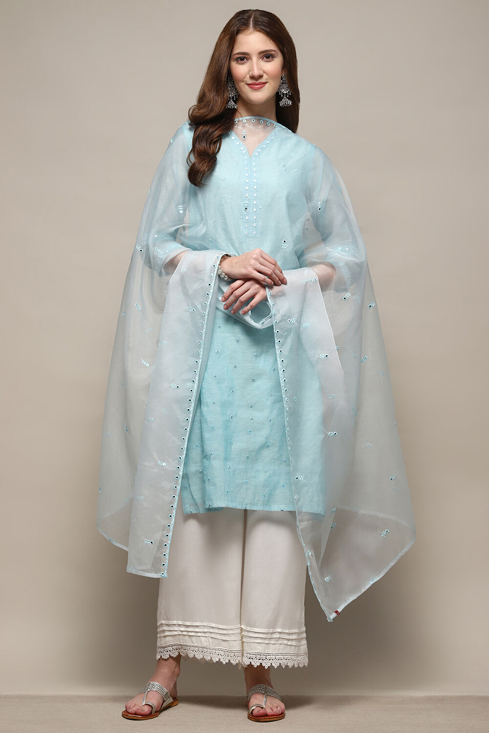 Blue Embroidered Nylon Dupatta image number 2