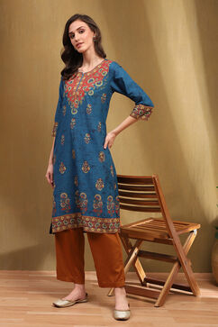 Navy Blue Cotton Printed Straight Kurta image number 0