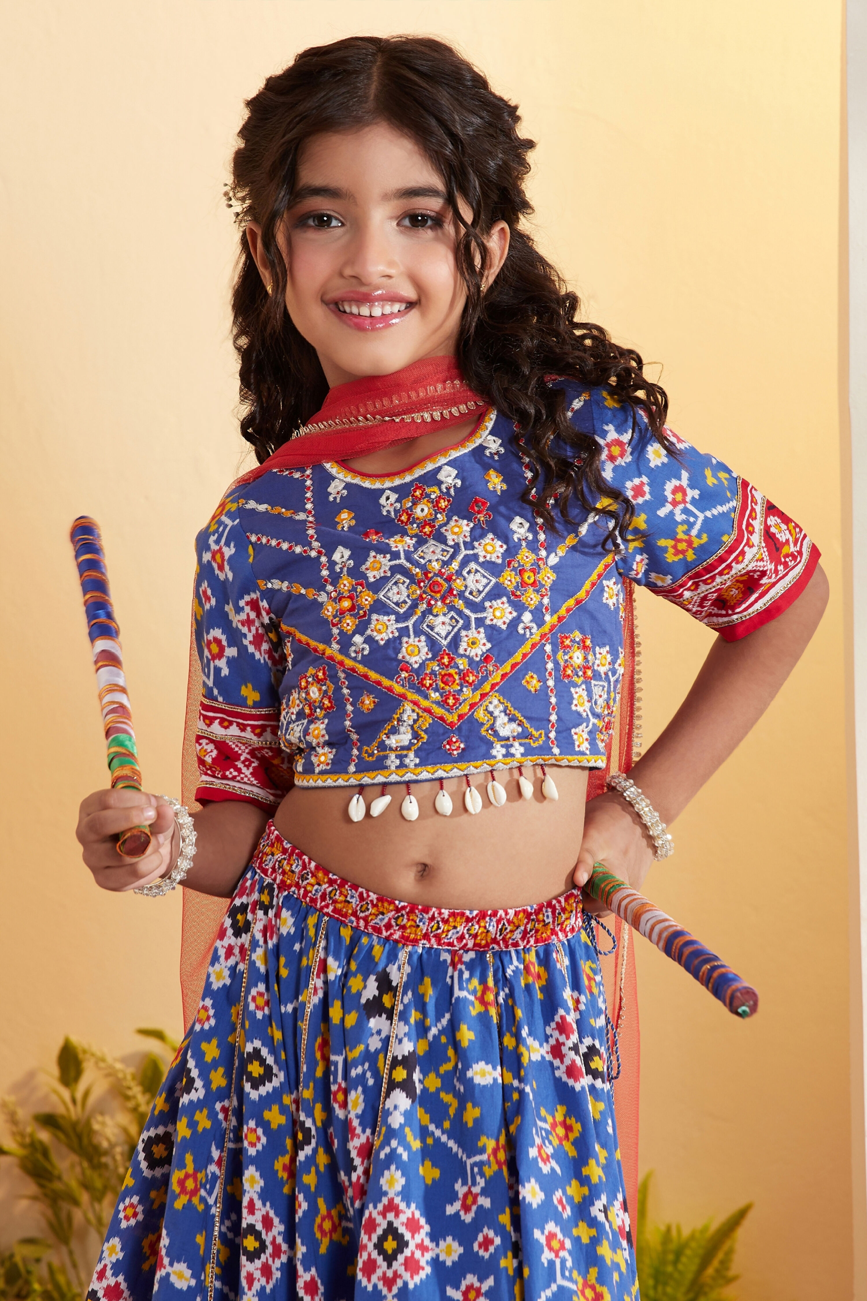 Blue Cotton Printed Kalidar Lehenga Set image number 1