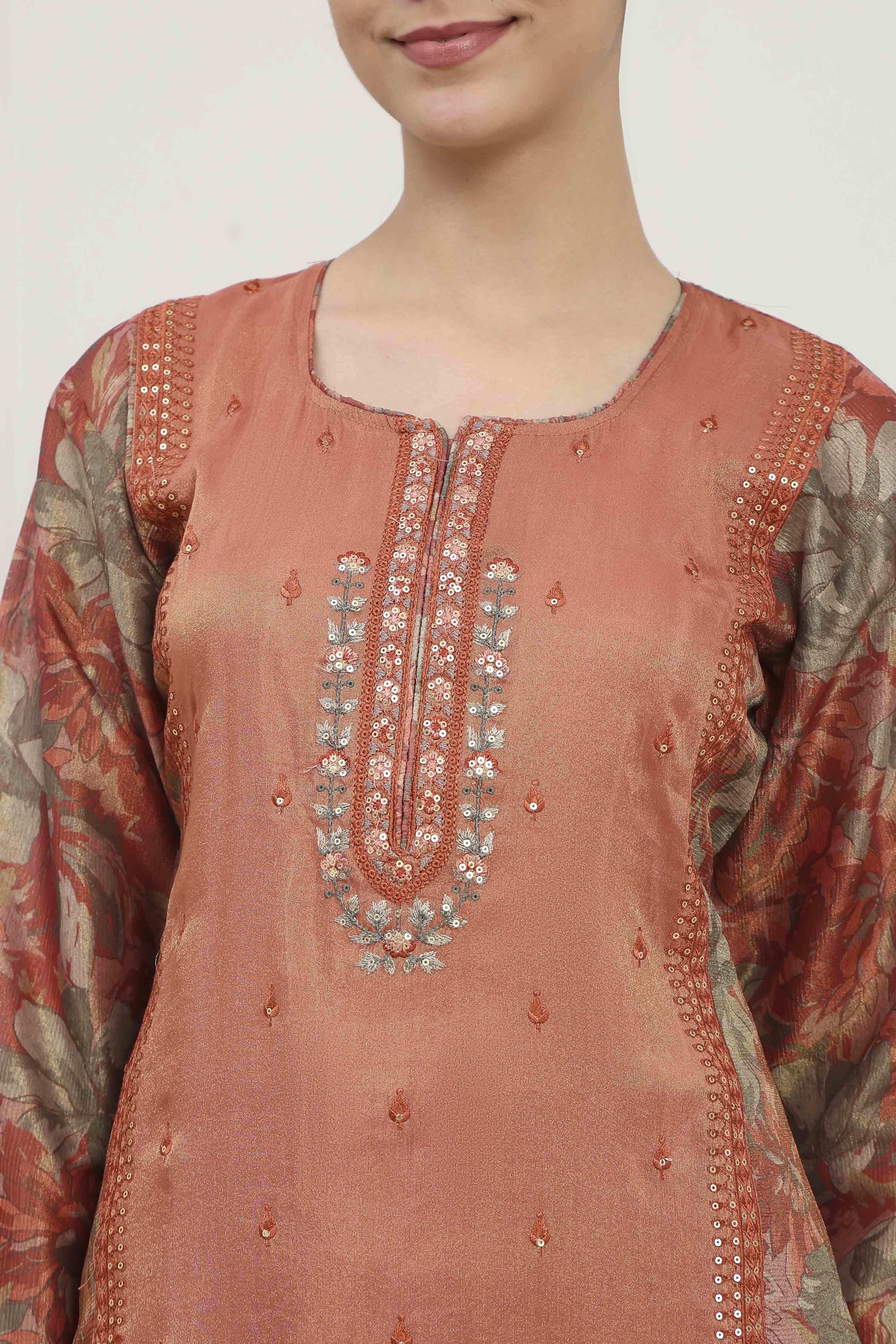 Rust Silk Blend Machine Embroidered Unstitched Suit Set image number 2