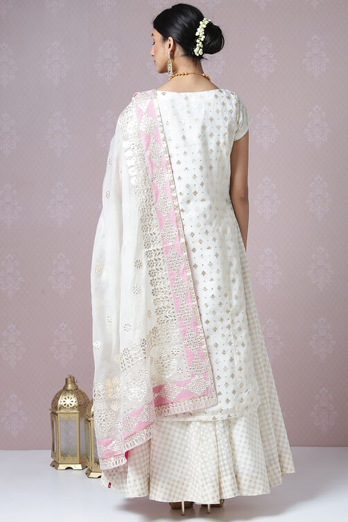Off White Poly Metallic Cotton Straight Kurta Skirt Suit Set image number 9