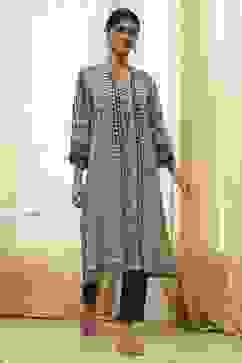 Ecru and Black Printed Straight Kurta image number 0